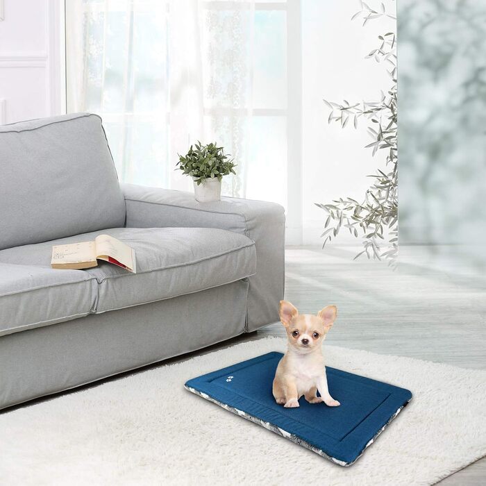 Підстилка для собак KROSER Fancy Crate Pad - двостороння, машинна стирка, для собак малого та великого розміру, 61x46x3 см, сіра та темно-синя, зірковий принт