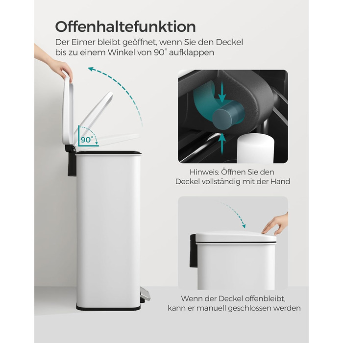 Сміттєве відро SONGMICS 40 л з педаллю, сталеве, з м'яким закриттям, 15 мішків, LTB540A02 (біле)