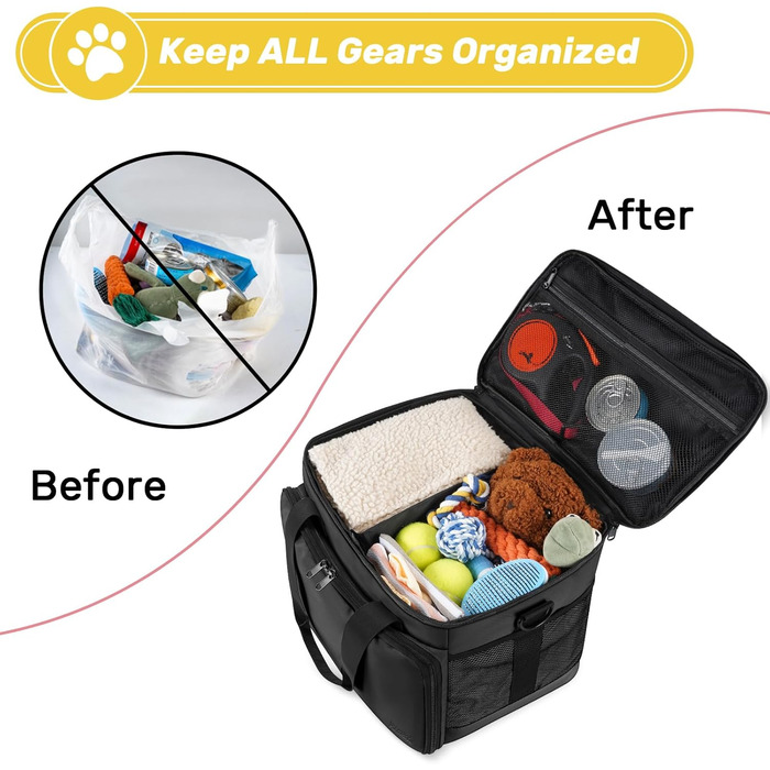 Чорна сумка для собак у подорожі, схвалена авіакомпаніями, з двома складними мисками та кишенькою для ласощів