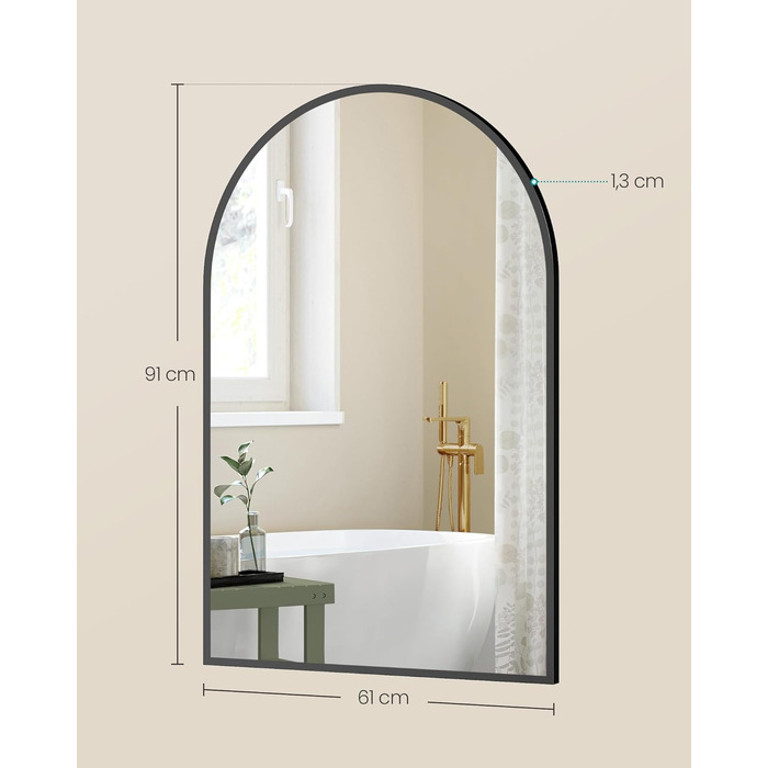 Дзеркало для ванної кімнати SONGMICS, настінне, з алюмінієвою рамою, 91 x 61 см, з захисною плівкою, 2 способи кріплення, для ванної, спальні, вітальні, LWM010BD01 (округле, чорний)