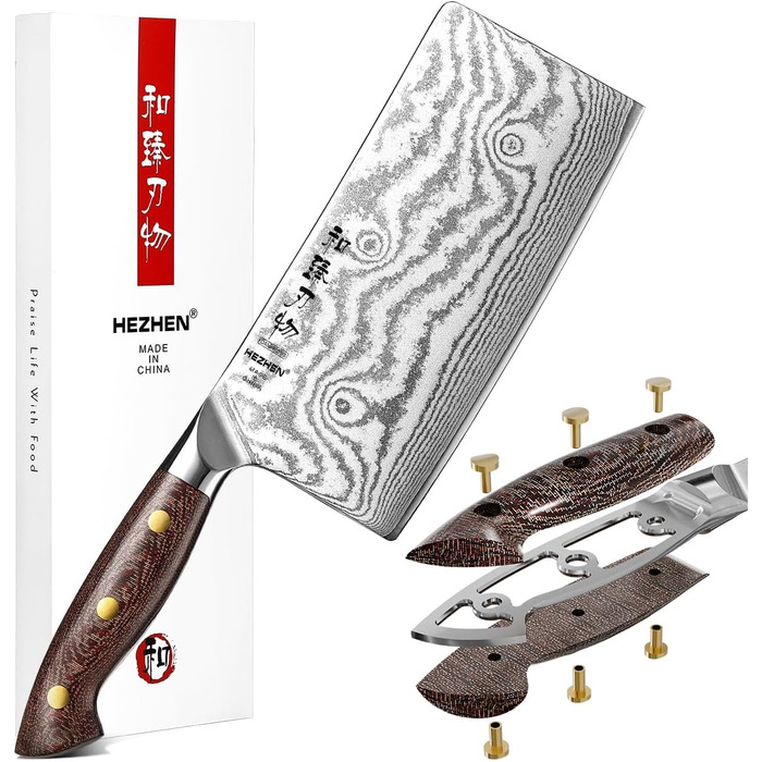HEZHEN ніж кухарський 21 см дамаст 67 шарів, професійний ніж для кухні з дерев'яною піхвою, full tang ручка з Micarta
