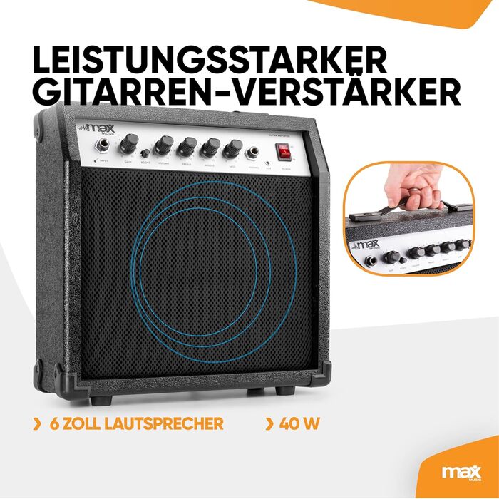 Електрогітара Max GigKit: Комплект з підсилювачем 40 Вт, аксесуарами та чохлом (4/4, блакитний)