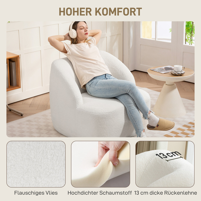 HOMCOM Modern Armchair with Fleece Upholstery - Cozy Accent Chair for Living Room, Bedroom, Home Office, Cream White