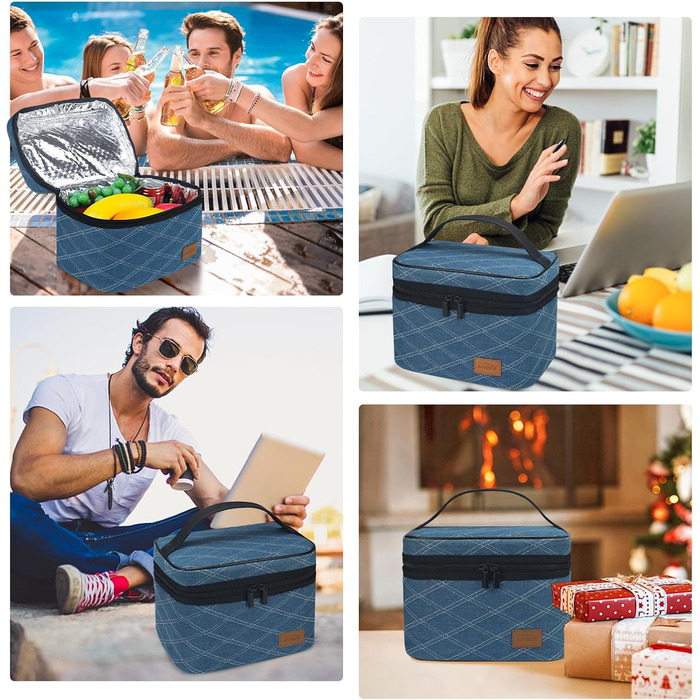 Легка термосумка-ланчбокс для їжі: складана, водонепроникна, у синій клітинку