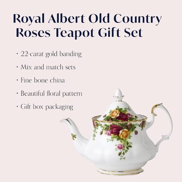 Чайний сервіз Royal Albert Old Country Roses на 4 персони, порцеляна Bone China, середній розмір, квітковий візерунок, чайник 0,8 л, вінтажний подарунковий набір
