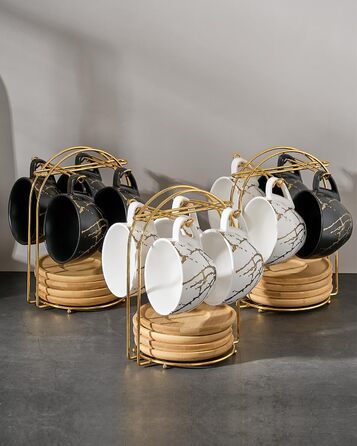 Набір кавових чашок капучіно Home Decor, 4 шт., 220 мл, з металевим підставкою, чорний та білий