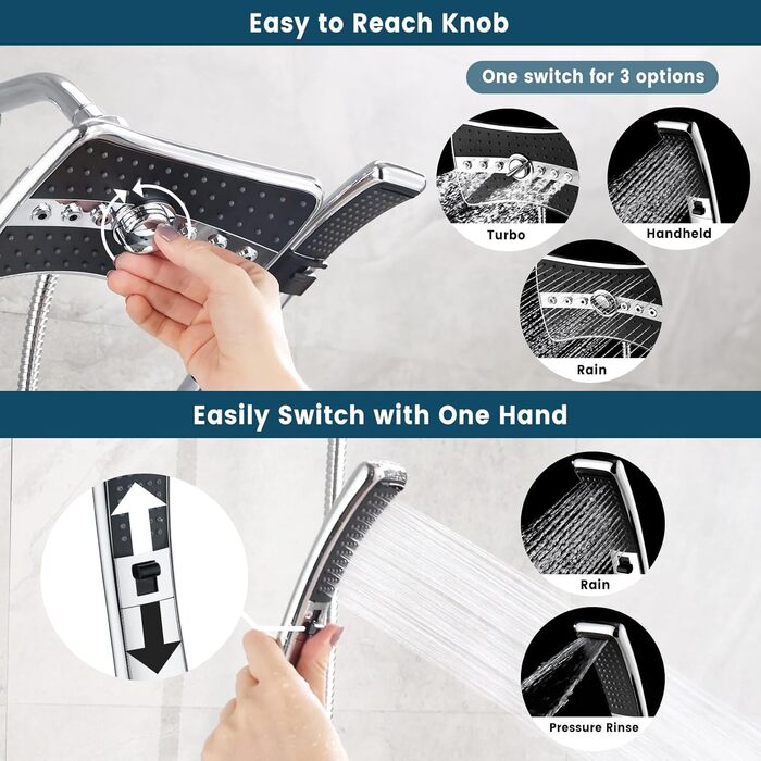 BRIGHT SHOWERS Double Shower Head Combo Set, Handheld Shower Head, Rain Shower Head, Combo with Black Face, 152.4 cm Stainless Steel Shower Hose, Chrome