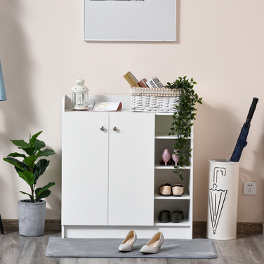 HOMCOM Shoe Cabinet Shoe Rack Chest of Drawers with 2 Doors and 4 Compartments for Entryway in White 83x30x90cm, Space-Saving & Modern