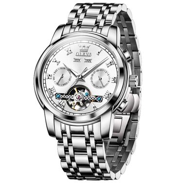 Чоловічий наручний годинник OLEVS 6607: кварцовий, водонепроникний, з ремінцем з натурального дерева, сріблястий/білий