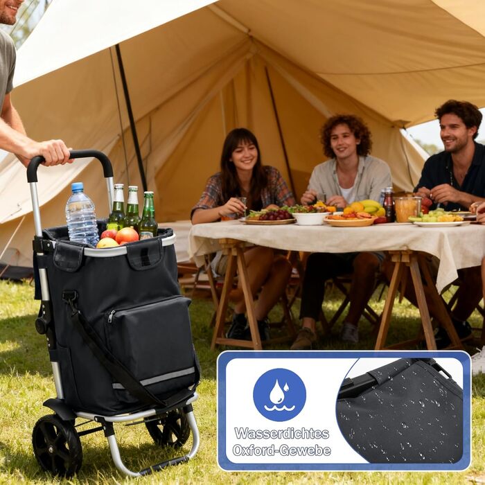 Складаний візок для покупок Sekey 60L з кулерним та відділенням для напоїв, 3-в-1, з регульованою ручкою, для покупок та кемпінгу, чорний