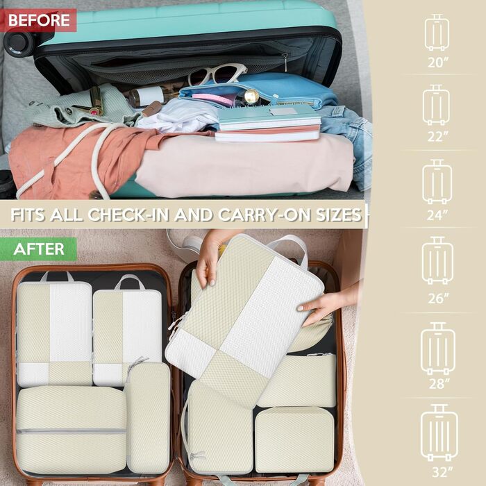Органайзер для валізи Avmvnvc, набір з 10 штук: пакувальні куби для одягу, компресійні мішечки, органайзер для подорожей з косметичкою, для рюкзака та валізи, чорний (бежевий)