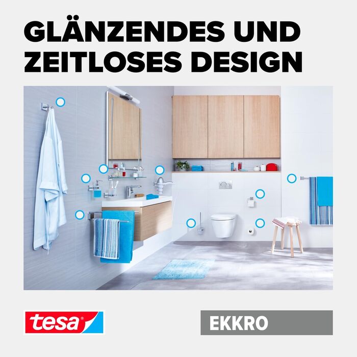 tesa EKKRO Bad Handtuchhalter, 2-arm and swivel, chrome - for wall mounting without drilling, incl. adhesive solution - 428 mm x 50 mm x 87 mm