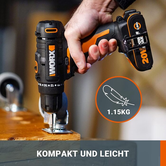 WORX WX108 акумуляторний дриль-шуруповерт 20V – універсальний інструмент для свердління та закручування, двоступеневий регулятор швидкості та 20+1 налаштувань крутного моменту до 45Nm – в комплекті 2x2Ah акумулятори та зарядний пристрій (10мм патрон, 30Nm