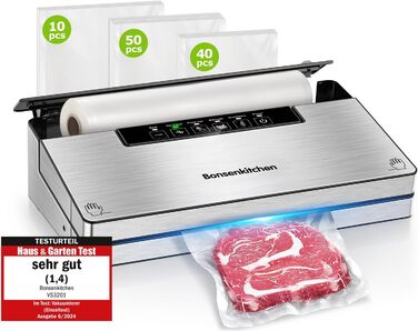 Вакуумний пакувальник Bonsenkitchen: 5 режимів, 8 л/хв, технологія Globefish, 100 пакетів, роликовий пакет