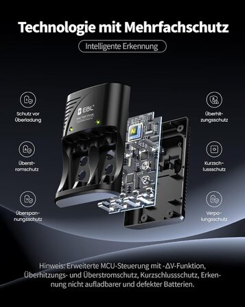 Зарядний пристрій для акумуляторів EBL AA AAA 9V NIMH з 4-ма відсіками, смарт-зарядка, LED-дисплей, швидка зарядка (з набором акумуляторів)