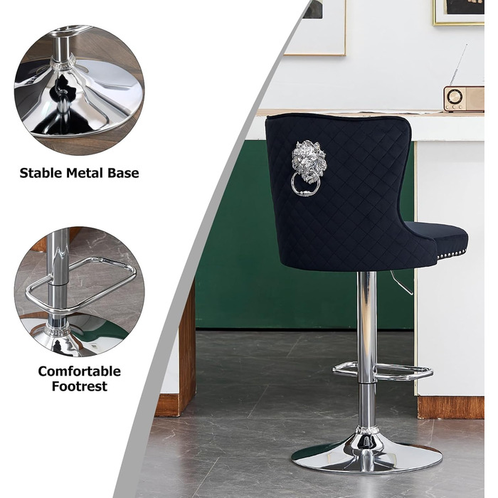 KHISCHMO Velvet Bar Stools 2-Pack - Modern Adjustable Kitchen Counter Barstools with Lion Paw Pulls - 360° Swivel, Black