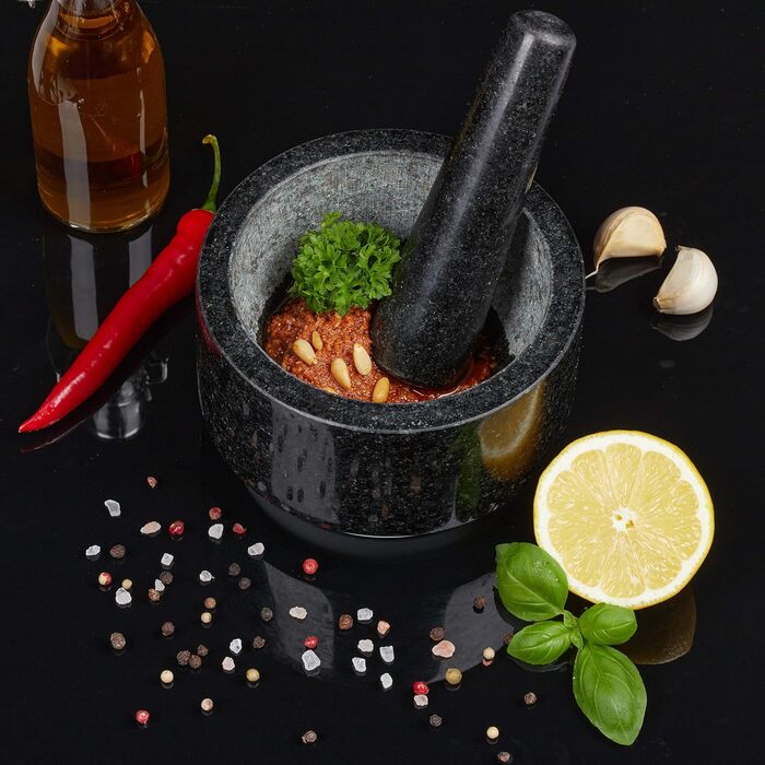 Гранітний ступка з толуштою Relaxdays – 14 см, 400 мл, сірий/білий | Для спецій та трав