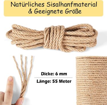 100M Sisal Rope for Cat Trees 8MM, Natural Sisal Rope for Cats, Scratch Rope, Household, Garden, DIY, Decoration, Cord for Replacement (55M x 6MM)
