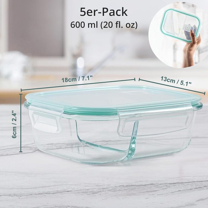 Контейнери для харчування Winter Shore скляні з 2 відділеннями (5 шт) - BPA-free, герметичні, для мікрохвильовки, морозилки та посудомийки (бірюзові)