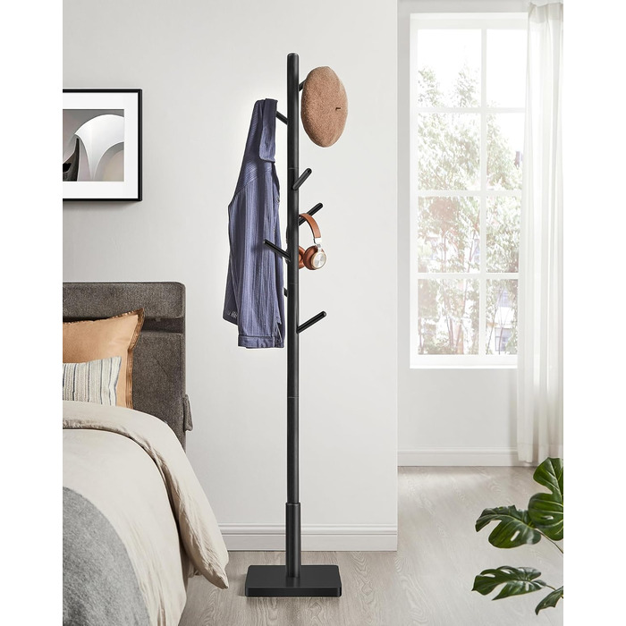 VASAGLE Coat Rack, Clothes Rack Solid Wood, Tree Shape Jacket Stand, 8 Hooks for Jackets, Hats, for Entryway, Hooks and Holding Rod made of Rubberwood, Cloud White RCR00W02 (Ink Black, 1)