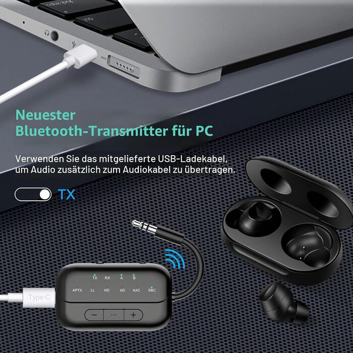 Bluetooth 5.4 адаптер 2-в-1 (передавач та приймач) Pro 2026, бездротовий аудіо-адаптер для ТБ, ПК, авто та Nintendo Switch, підтримка 2-х навушників, AUX, чорний