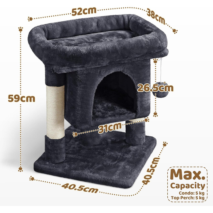 Yaheetech Scratching Post 60 cm Small Cat Scratching Tree, with Cat Cave, Plush Sisal, Cat Tree Cat Furniture Play Tree for Small Cats, Black