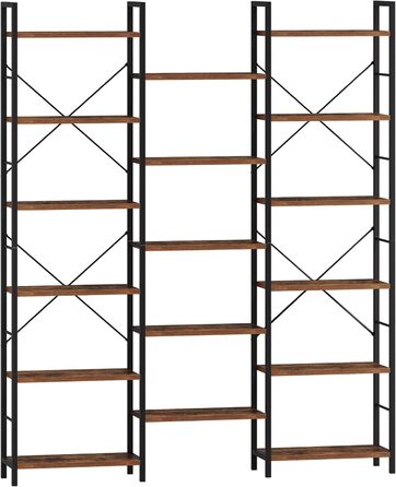 Книжкова шафа Hzuaneri, 17 полиць, 6 ярусів, регульована, 340 кг, 24x152x186 см, для вітальні та офісу, вінтаж, коричнево-чорна