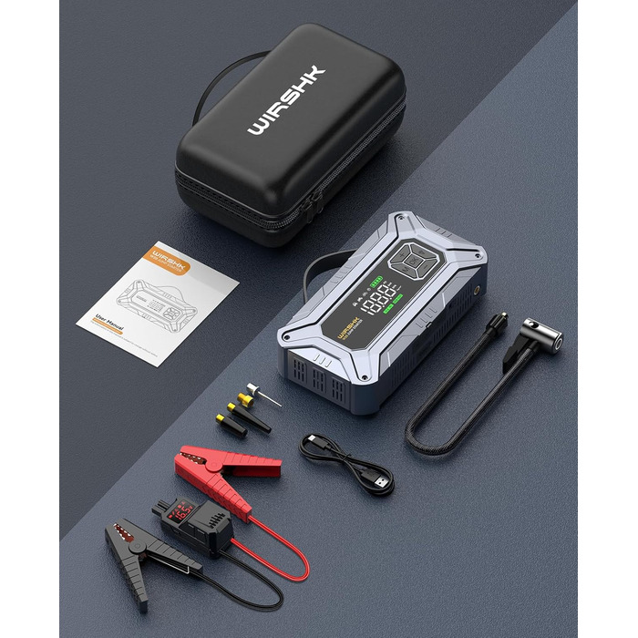 Портативний пусковий пристрій 8000A з повітряним компресором 160 PSI для бензинових та дизельних двигунів (до 10 л), з дисплеєм та аварійною світлодіодною лампою