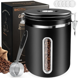 Герметичний контейнер для кави 1 кг: нержавіюча сталь, вікно, датчик дати, мірна ложка 30 мл, CO₂-вентиль, для кавових зерен, чаю, цукру