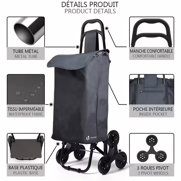 VOUNOT Folding Shopping Trolley with Stair Climber, 3-Wheel Folding Shopping Cart, Shopping Roller Trolley, Removable & Waterproof Black