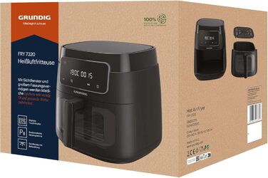 Аерофритюрниця Grundig FRY 7320, 7,6 л, 1750 Вт, сенсорний дисплей, велике оглядове вікно, регулювання температури і часу, антипригарне покриття, кошик для посудомийки, чорна