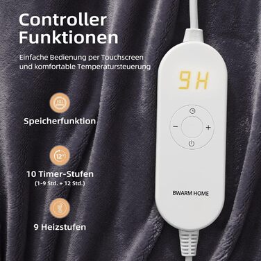 Електрична гріюча ковдра 130x180 см з таймером та захистом від перегріву, 9 режимів нагріву, функція пам'яті, фланель, для спальні, офісу