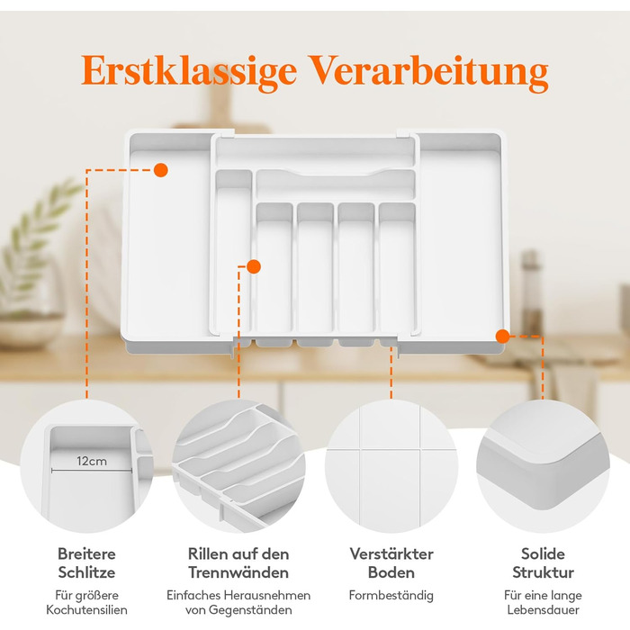 Органайзер для столових приборів Lifewit в шухляду, розсувний, пластиковий, білий 33-57 x 38 x 5 см