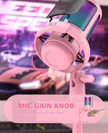Мікрофон для ПК NJSJ Gaming з тримачем, USB мікрофон для Mac, PS4, PS5 (рожевий) з кнопкою вимкнення звуку, навушниками, поп-фільтром, кардіоїдний конденсаторний мікрофон для подкастів та стрімінгу