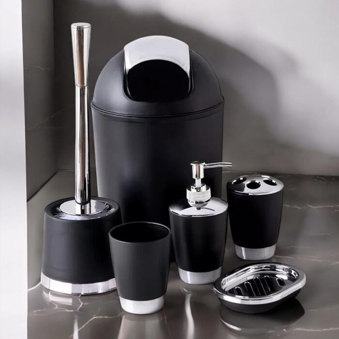 Набір аксесуарів для ванної кімнати 6tlg Badset: мильниця, стакан для зубних щіток, контейнер для косметики, щітка для унітазу з тримачем, мильниця, відро для сміття, тримач для зубних щіток, комплект для ванної кімнати (чорний дизайн 1)