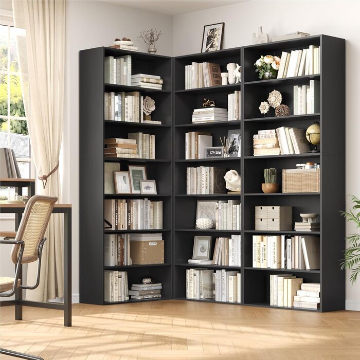 Книжкова шафа FirFurd з 7 полицями, чорна, 209,5x60x23,5 см, для вітальні, офісу та спальні