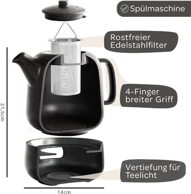 STEINZEIT Design Teapot with infuser made of rust-resistant 304 stainless steel - Teapot ceramic with unique glaze with removable strainer - black (1.3L with trivet)