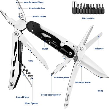 Мультитул HONZIN 12-в-1 з нержавіючої сталі, мультиінструмент з ножицями та набором біт, для кемпінгу та активного відпочинку