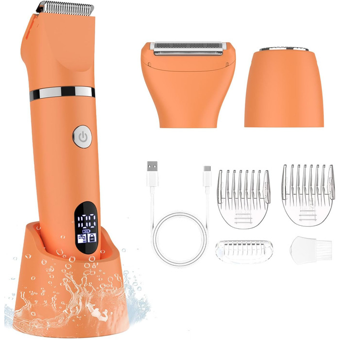Електричний жіночий триммер 3-в-1 для обличчя, тіла та зони бікіні. Вологостійкий, з LCD-дисплеєм, помаранчевий