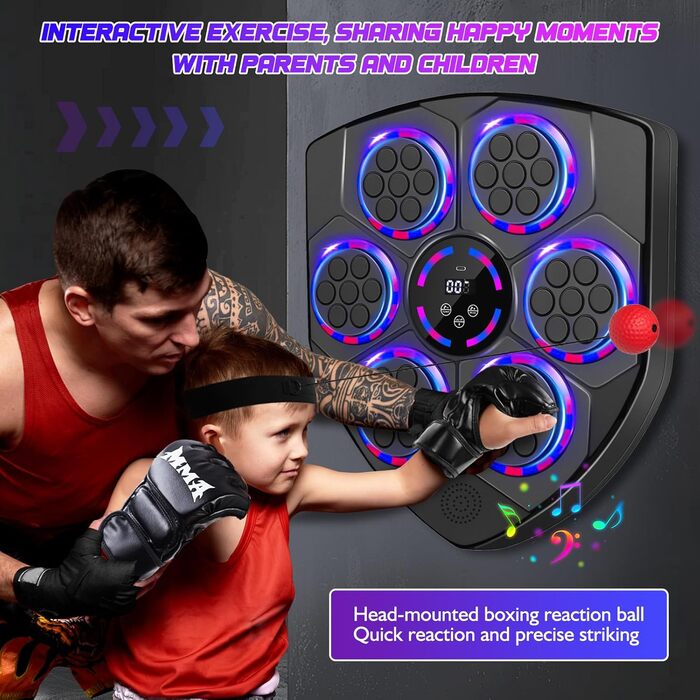 Музична боксерська машина Joellfuner з LED-підсвічуванням, 9 швидкостей, 5 рівнів гучності, режим підрахунку ударів, настінна ціль для тренувань у домашньому фітнес-залі