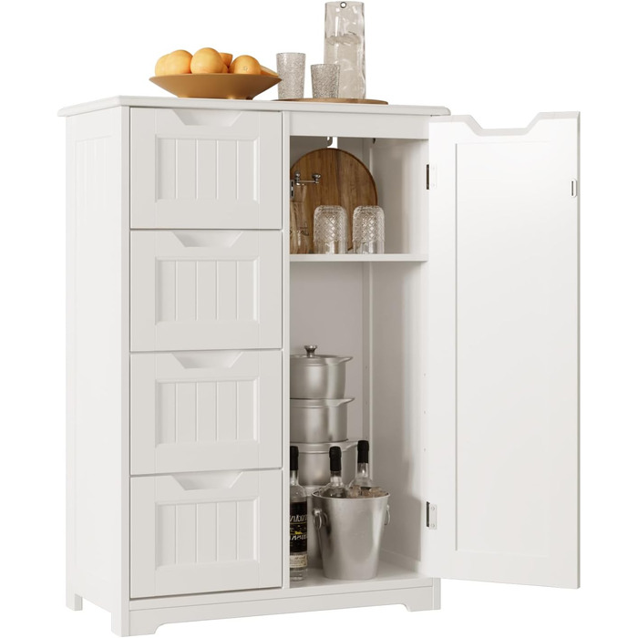 Bealife Bathroom Cabinet, Narrow Vanity Storage Cabinet with 4 Drawers, Cupboard Door, Adjustable Partition, Suitable for Bathroom, Living Room, Kitchen, Hallway