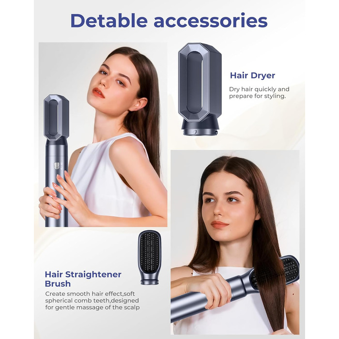 OKWRAP Haarstyler 5-в-1: Airbrush, фен, локони, випрямляч. Набір для волосся з LCD-дисплеєм (блакитний)