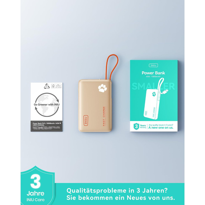 Повербанк INIU 10000mAh 45W з вбудованим кабелем USB-C, швидка зарядка для iPhone 17 16 Pro, Samsung S26 S25, Xiaomi, iPad (Зелений)