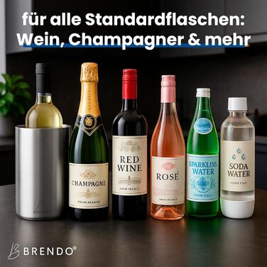 Охолоджувач для пляшок та шампанського Brendo Weinkühler Edelstahl - подвійний, ізольований, срібляний | Охолоджувач для вина, шампанського, белого вина | Подарунковий набір для чоловіків та жінок