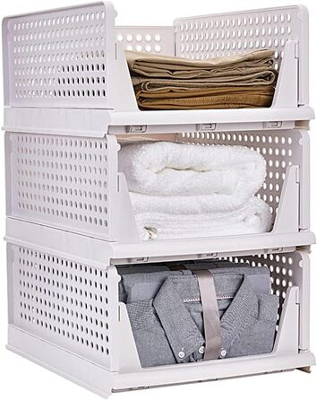 RAIN QUEEN 3-Piece Foldable and Stackable Closet Storage Boxes for Bedroom Clothes Storage Plastic Organizer Drawer (white)