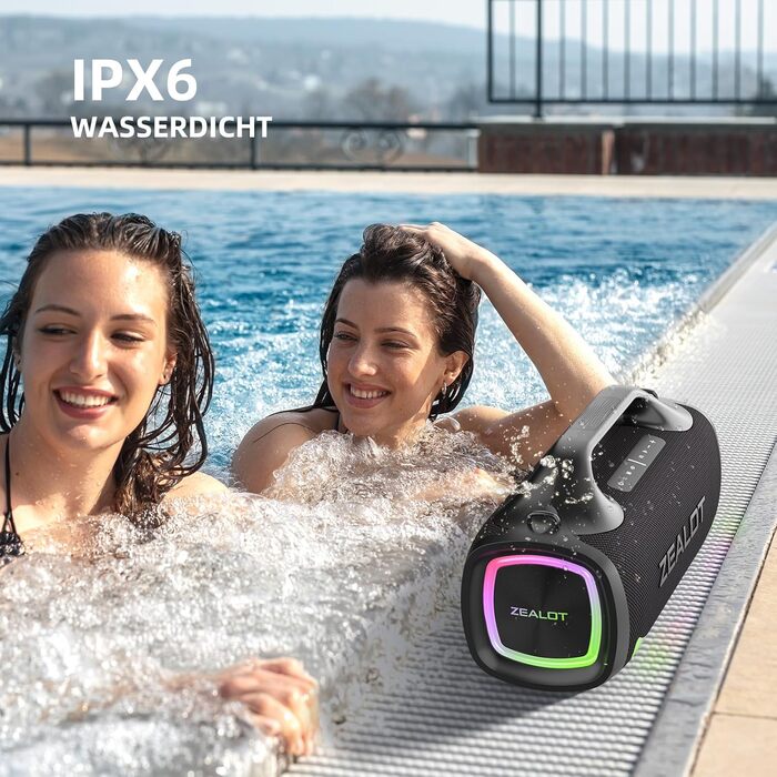ZEALOT Bluetooth колонка 100W, XBass, Bluetooth 5.2, USB-C, 24000mAh, IPX6 водонепроникна, для кемпінгу, пляжу, басейну, саду - Чорна
