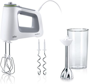 Braun MultiMix 5 HM 5107 Hand Mixer – Handheld mixer with variable speed control, including whisk, dough hooks, hand blender, and 600 ml mixing and measuring cup, 750 Watt, white HM 5107 Single