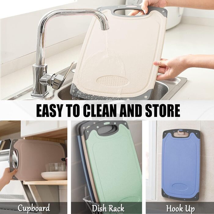 Cutting Board Set of 3, Plastic Cutting Board with Juice Grooves & Garlic Press Groove, Non-Slip Kitchen Board, Antibacterial Breakfast Board Cutting Boards for Fruit/Vegetables/Meat