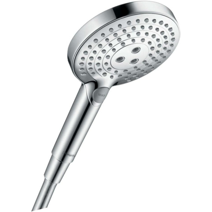 hansgrohe Raindance Select S - Showerhead, Hand Shower with 3 Spray Patterns (including PowderRain), Round Shower Head (⌀ 120 mm), Showerhead with Anti-Limescale Function, Chrome