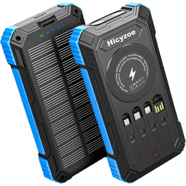 Сонячний павербанк 26800 mAh з 4 кабелями, USB-C, Qi, LED-ліхтарик, для телефонів, планшетів та кемпінгу